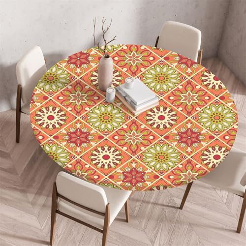 Morbuy Outdoor Tischdecke Rund Mandala Drucken Wasserdicht Elastisch Tischdecken Abwaschbar Küchentisch Tischtuch mit Gummizug für Garten Draussen Dekoration (orange,Durchmesser 70cm) von Morbuy