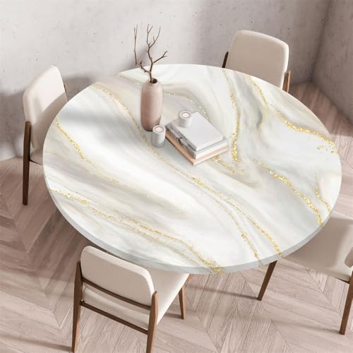 Morbuy Outdoor Tischdecke Rund Marmor Drucken Wasserdicht Elastisch Tischdecken Abwaschbar Küchentisch Tischtuch mit Gummizug für Garten Draussen Dekoration (Beige,Durchmesser 80cm) von Morbuy