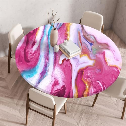 Morbuy Outdoor Tischdecke Rund Marmor Drucken Wasserdicht Elastisch Tischdecken Abwaschbar Küchentisch Tischtuch mit Gummizug für Garten Draussen Dekoration (Rot,Durchmesser 110cm) von Morbuy