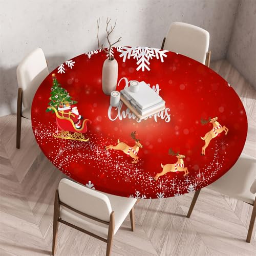 Morbuy Outdoor Tischdecke Rund Weihnachten Wasserdicht Elastisch Tischdecken Abwaschbar Küchentisch Tischtuch mit Gummizug für Garten Draussen Dekoration (Durchmesser 90cm,Weihnachtsmann) von Morbuy