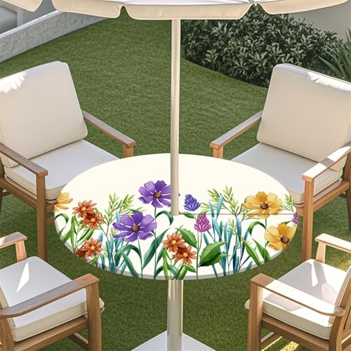 Morbuy Outdoor Tischdecke mit Schirmloch, 3D Blume Muster Runde Elastische Tischdecke Outdoor, Wasserdicht Tisch Decken mit Gummizug Gartentischdecken Tischtuch (Pflanze,91-111cm) von Morbuy