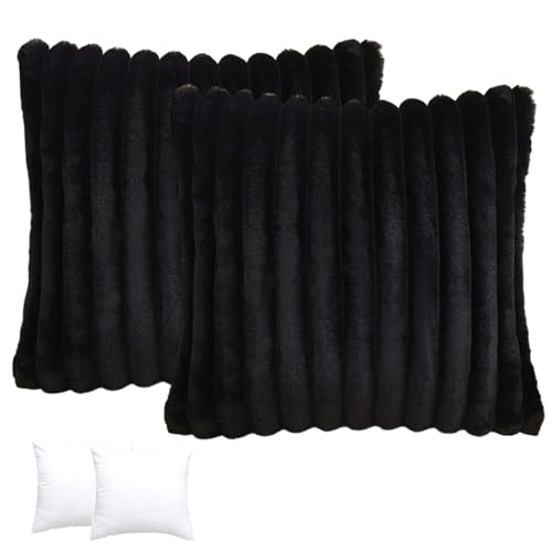 Morbuy Pelzige Sofakissen 45x45cm Set Kissenbezug, 2 Paar Superweicher Dekokissen, Sofakissen mit Füllung und Bezug für Sofa Schlafzimmer Wohnzimmer Balkon (Schwarz) von Morbuy