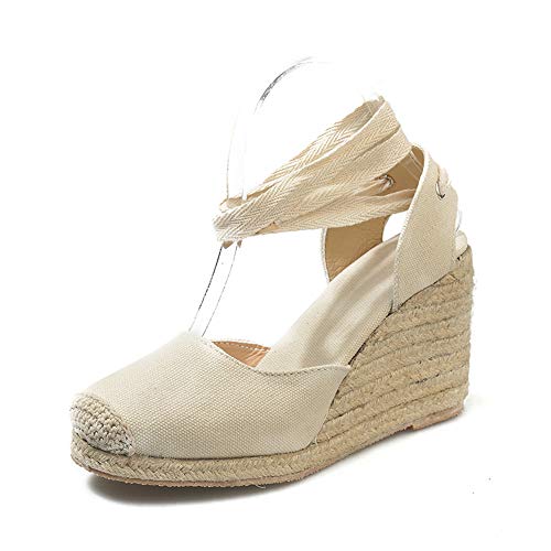 Morbuy Plateau Damen Pantoletten, Verband Sandaletten Sommer Strand Keilabsatz Sandalen Absatzschuhe Peep Toe Schuhe Flachen Frauen Hausschuhe Römer Flip Flop Sommersandalen (43,Beige) von Morbuy