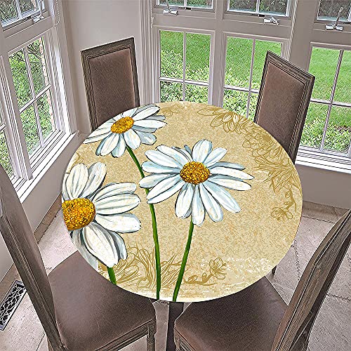 Morbuy Rund Tischdecke Elastisch, 3D Gänseblümchen Rund Tischdecken Wasserdicht Lotuseffekt Abwaschbar Abwischbar Tischtuch für Dekoration Küchentisch Garten Outdoor (Durchmesser 110cm,Beige) von Morbuy