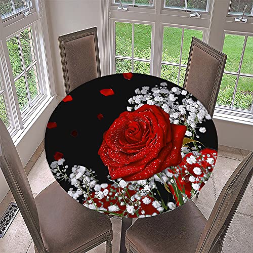 Morbuy Rund Tischdecke Elastisch, 3D Rose Rund Tischdecken Wasserdicht Lotuseffekt Abwaschbar Abwischbar Tischtuch für Dekoration Küchentisch Garten Outdoor (Durchmesser 130cm,Schleierkraut) von Morbuy