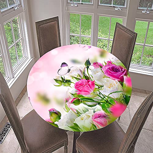 Morbuy Rund Tischdecke Elastisch, 3D Rose Rund Tischdecken Wasserdicht Lotuseffekt Abwaschbar Abwischbar Tischtuch für Dekoration Küchentisch Garten Outdoor (Durchmesser 120cm,weiße Rose) von Morbuy