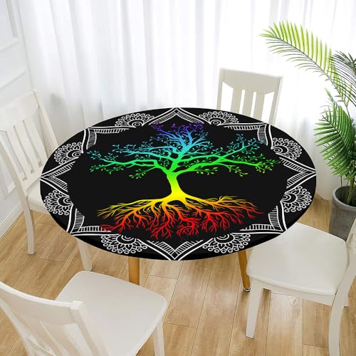 Morbuy Rund Tischdecke Elastisch, Baum des Lebens Drucken Lotuseffekt Tischdecke Rund Tischdecken Abwaschbar Gartentischdecke Indoor Outdoor Tischtuch (Mandala,Für Tisch 110-120 cm) von Morbuy