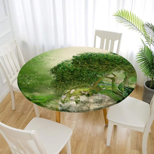 Morbuy Rund Tischdecke Elastisch, Baum des Lebens Drucken Lotuseffekt Tischdecke Rund Tischdecken Abwaschbar Gartentischdecke Indoor Outdoor Tischtuch (Wald,Für Tisch 70-80 cm) von Morbuy