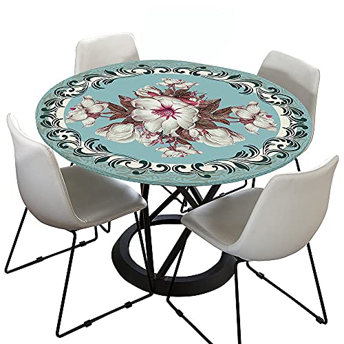 Morbuy Rund Tischdecke Elastisch, Blume Drucken Rund Tischdecken Wasserdicht Lotuseffekt Abwaschbar Abwischbar Tischtuch für Dekoration Küchentisch Garten Outdoor (Durchmesser 180cm,Blau) von Morbuy