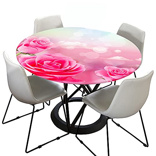 Morbuy Rund Tischdecke Elastisch, Blumen Drucken Rund Tischdecken Wasserdicht Lotuseffekt Abwaschbar Abwischbar Tischtuch für Dekoration Küchentisch Garten Outdoor (Durchmesser 120cm,Pinke Rose) von Morbuy