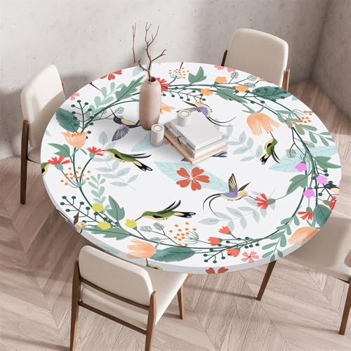 Morbuy Rund Tischdecke Elastisch, Gartentischdecke Schmutzabweisend Abwischbar Tischtuch für Dekoration Küchentisch Kaffee Restaurant Garten Landschaft (100cm,Vogel) von Morbuy