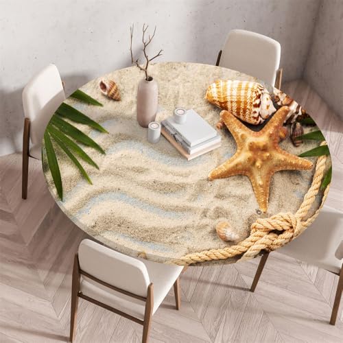 Morbuy Rund Tischdecke Elastisch, Gartentischdecke Schmutzabweisend Abwischbar Tischtuch für Dekoration Küchentisch Kaffee Restaurant Garten -Sommer Meer (Strand,110cm) von Morbuy
