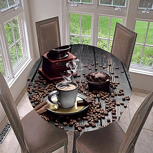 Morbuy Rund Tischdecke Elastisch, Kaffee Drucken Rund Tischdecken Wasserdicht Lotuseffekt Abwaschbar Abwischbar Tischtuch für Dekoration Küchentisch Garten Outdoor (Durchmesser 150cm,Schokolade) von Morbuy