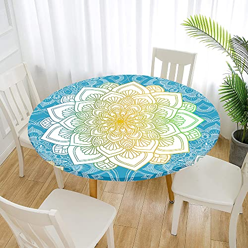 Morbuy Rund Tischdecke Elastisch, Lotuseffekt Abwischbar Rund Tischdecken Mandala Tischtuch für Küchen Garten Outdoor (Durchmesser 100cm,Blau Gelb) von Morbuy