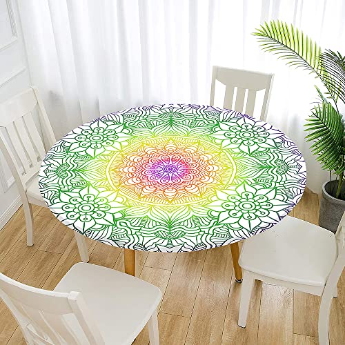Morbuy Rund Tischdecke Elastisch, Lotuseffekt Abwischbar Rund Tischdecken Mandala Tischtuch für Küchen Garten Outdoor (Durchmesser 110cm,Gelbgrün) von Morbuy