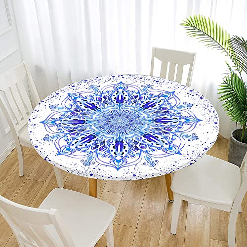Morbuy Rund Tischdecke Elastisch, Lotuseffekt Abwischbar Rund Tischdecken Mandala Tischtuch für Küchen Garten Outdoor (Durchmesser 120cm,Kristallblau) von Morbuy
