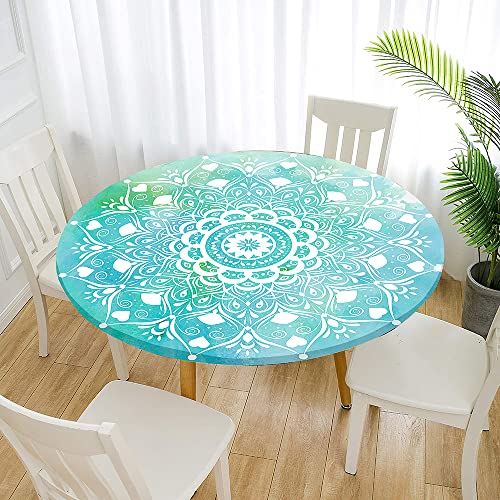 Morbuy Rund Tischdecke Elastisch, Lotuseffekt Abwischbar Rund Tischdecken Mandala Tischtuch für Küchen Garten Outdoor (Durchmesser 120cm,Türkis) von Morbuy