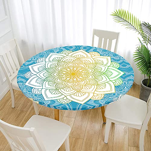 Morbuy Rund Tischdecke Elastisch, Lotuseffekt Abwischbar Rund Tischdecken Mandala Tischtuch für Küchen Garten Outdoor (Durchmesser 130cm,Blau Gelb) von Morbuy