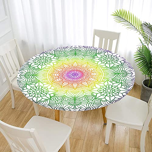 Morbuy Rund Tischdecke Elastisch, Lotuseffekt Abwischbar Rund Tischdecken Mandala Tischtuch für Küchen Garten Outdoor (Durchmesser 70cm,Gelbgrün) von Morbuy