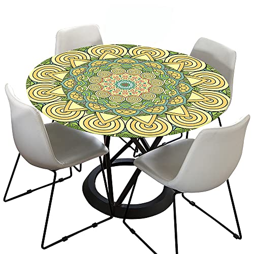 Morbuy Rund Tischdecke Elastisch, Lotuseffekt Tischdecke Abwaschbar Tischdecken Mandala Drucken Gartentischdecke Indoor Outdoor Tischtuch (Durchmesser 100cm,Gelb) von Morbuy