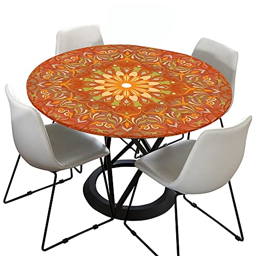 Morbuy Rund Tischdecke Elastisch, Lotuseffekt Tischdecke Abwaschbar Tischdecken Mandala Drucken Gartentischdecke Indoor Outdoor Tischtuch (Durchmesser 110cm,Orange) von Morbuy