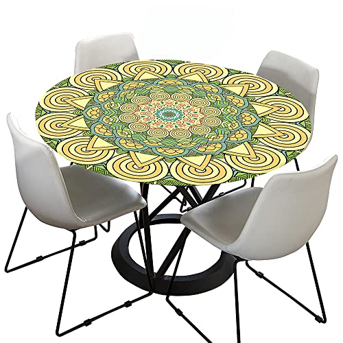 Morbuy Rund Tischdecke Elastisch, Lotuseffekt Tischdecke Abwaschbar Tischdecken Mandala Drucken Gartentischdecke Indoor Outdoor Tischtuch (Durchmesser 120cm,Gelb) von Morbuy