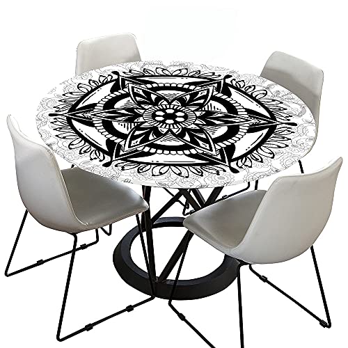 Morbuy Rund Tischdecke Elastisch, Mandala Drucken Rund Tischdecken Wasserdicht Lotuseffekt Abwaschbar Abwischbar Tischtuch für Dekoration Küchentisch Garten Outdoor (Durchmesser 180cm,Schwarz weiß) von Morbuy