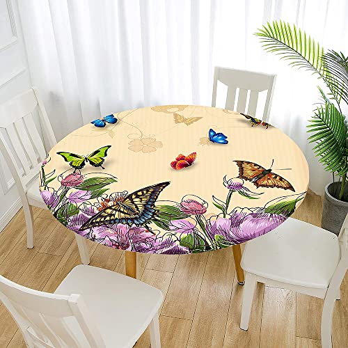 Morbuy Rund Tischdecke Elastisch, Schmetterling Drucken Rund Tischdecken Wasserdicht Lotuseffekt Abwaschbar Abwischbar Tischtuch für Garten Outdoor Küchentisch (Für Tisch 100-110 cm,Beige) von Morbuy