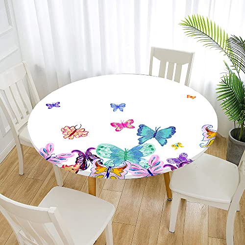 Morbuy Rund Tischdecke Elastisch, Schmetterling Drucken Rund Tischdecken Wasserdicht Lotuseffekt Abwaschbar Abwischbar Tischtuch für Garten Outdoor Küchentisch (Für Tisch 100-110 cm,Malerei) von Morbuy