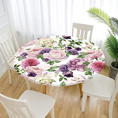 Morbuy Rund Tischdecke Outdoor Elastisch, Schöne Blumen Muster Tischdecken Wasserdicht Lotuseffekt Abwaschbar Abwischbar Tischtuch für Küchentisch Garten Draussen (120cm,Lila Rose) von Morbuy