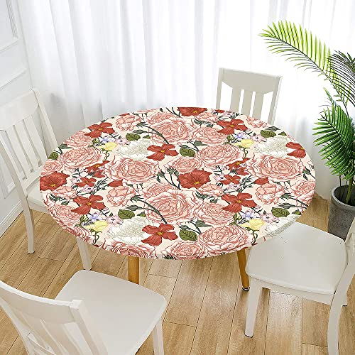 Morbuy Rund Tischdecke Outdoor Elastisch, Schöne Blumen Muster Tischdecken Wasserdicht Lotuseffekt Abwaschbar Abwischbar Tischtuch für Küchentisch Garten Draussen (70cm,rot Rosa) von Morbuy