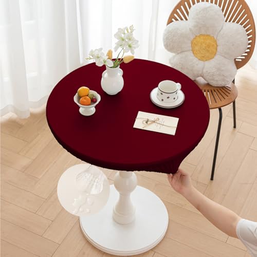 Morbuy Rund Tischdecke Outdoor PU-Leder Wasserdicht Tischdecken Abwaschbar Elastisch Küchentisch Tischtuch für Garten Draussen Dekoration (Rot,Tisch Durchmesser 90cm) von Morbuy