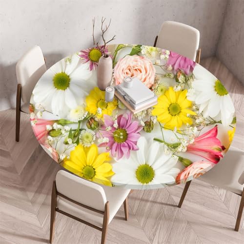 Morbuy Rund Tischdecke Wachstuch Elastisch, Gartentischdecke Wasserdicht Schmutzabweisend Bunte Blumen Tischtuch für Dekoration Küchentisch Kaffee Restaurant Garten (Gelb,90cm) von Morbuy