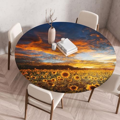 Morbuy Rund Tischdecke Wachstuch Elastisch, Sonnenblumen Gartentischdecke Wasserdicht Schmutzabweisend Tischtuch für Dekoration Küchentisch Kaffee Restaurant Garten (80cm,Sonnenuntergang) von Morbuy