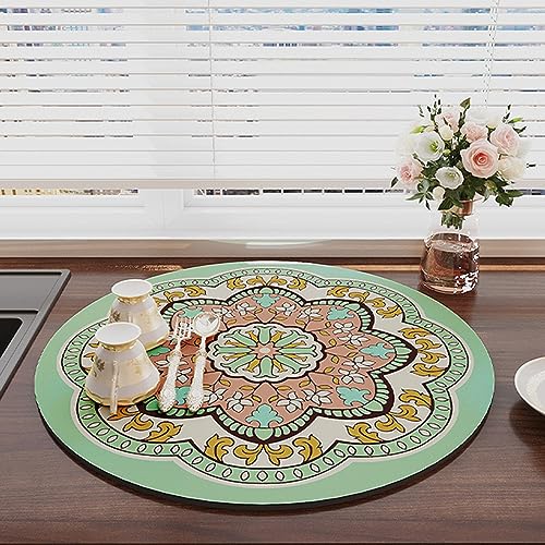 Morbuy Runde Saugfähig Abtropfmatte für die Küche, Ethnisch Stil Abtropfmatte Spüle Geschirrabtropfmatte Schnelltrocknend Trockenmatte Anti-Rutsch Unterlage (Durchmesser 35cm,Blasses Grün) von Morbuy