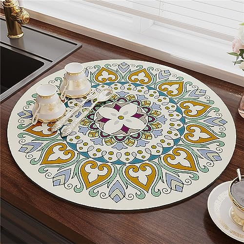 Morbuy Runde Saugfähig Abtropfmatte für die Küche, Ethnisch Stil Abtropfmatte Spüle Geschirrabtropfmatte Schnelltrocknend Trockenmatte Anti-Rutsch Unterlage (Durchmesser 35cm,Ethnisch Stil 1) von Morbuy