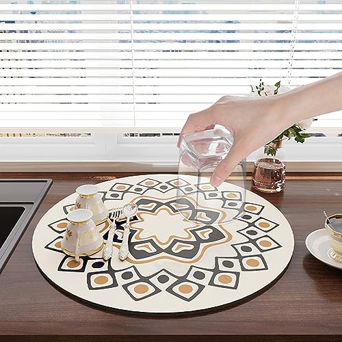 Morbuy Runde Saugfähig Abtropfmatte für die Küche, Ethnisch Stil Abtropfmatte Spüle Geschirrabtropfmatte Schnelltrocknend Trockenmatte Anti-Rutsch Unterlage (Durchmesser 35cm,Khaki-Farbe) von Morbuy