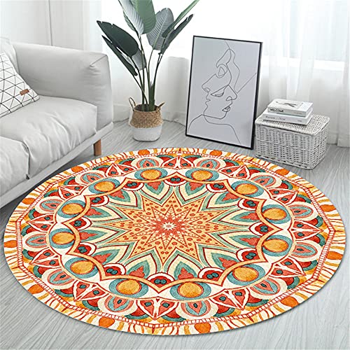 Morbuy Runder Teppich Innenbereich, Nordischer Stil Flur Teppich Polyester Wohnzimmer Fussabstreifer rutschfest und Waschbar Praktische Fußabtreter - Roter Mandala-Druck (60cm,Orange) von Morbuy