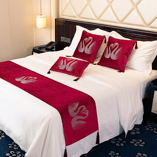 Morbuy Samt Moderne Hotel Bettläufer Schals Schwanenmuster Weiche Bettschal Bettschwanz Handtuch Dekoration Für Einzel Queen King Size Bett Flagge (45 * 45cm Pillowcase*1,Rot) von Morbuy