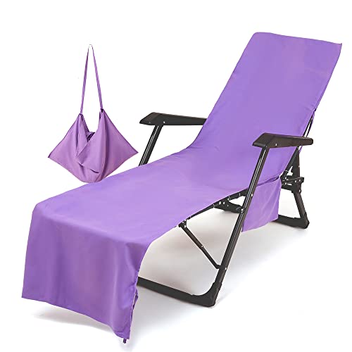 Morbuy Schonbezug für Gartenliege - Frottee Liegenauflage Garten Mikrofaser Sonnenliege Handtuch mit 3 Taschen, Einfarbig Handtücher für Schwimmbäder, Strände, Gartenhotels (75x215cm, Violett) von Morbuy