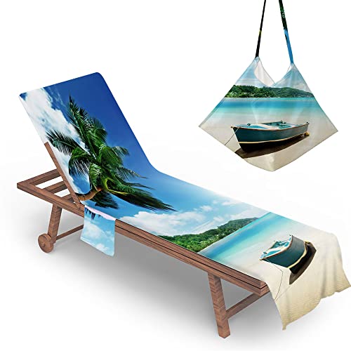 Morbuy Schonbezug für Gartenliege mit Taschen, 3D Strandlandschaft Gedruckt Liegestuhl Handtuch, Strandliegenauflage Strandtuch Pool Handtuch für Strand Reisen Schwimmen (75 * 210cm,Boot) von Morbuy