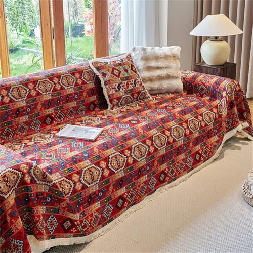 Morbuy Sofadecke 1/2/3/4-Sitzer, Baumwollleinen Vielseitige Universelle Sofaschoner rutschfeste Couch überzug Einteiliger Sofabezug Für Wohnzimmer & Haustiere (Rotes Boho,90x90cm) von Morbuy