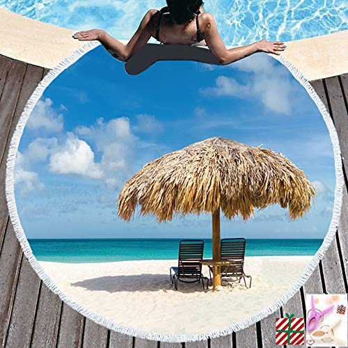 Morbuy Strandtuch Rund 150 Meer, 3D Handwerk Quaste Mikrofaser Strand Yoga Matten Tragbare Tapestry Überwurf Tischdecke Picknickdecke Badetuch Schal Unisex 2 Clips (150cm,D) von Morbuy