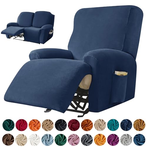 Morbuy Stretchhusse für Relaxsessel Komplett Sesselbezug, Samt Massiv Stretch Relaxsessel Bezüge Elastisch Sesselschoner für Fernsehsessel Liege Sessel für Kinder, Haustiere (1-Sitzer,Marineblau) von Morbuy