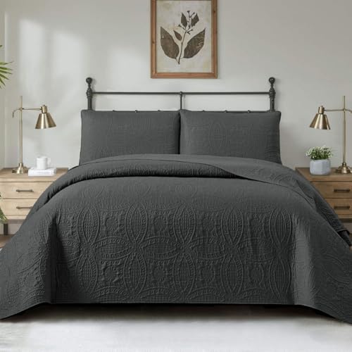Morbuy Tagesdecken Bettüberwurf Modern, Tagesdecke Set mit 2 Kissenbezug Bedspreads aus Jacquard Überwurfdecke Gesteppt Leichte Steppdecke Weich für Doppelbett (Anthrazit,220x240cm+2pc(50 * 70cm)) von Morbuy