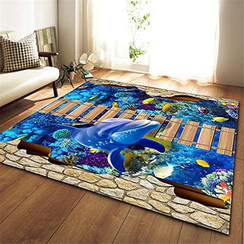Morbuy Teppich Wohnzimmer Flanell Weich Kurzflor Teppiches, 3D Drucken, In- & Outdoor Teppich Waschbar rutschfest Krabbelmatte für Kinderzimmer Schlafzimmer (147x200cm,Blauer Delfin) von Morbuy