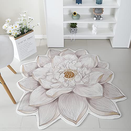 Morbuy Teppich Wohnzimmer Flauschig Weich Gänseblümchen Teppich Nordische Blumenform Runde Bodenmatte Waschbar rutschfest Shaggy Teppiches für Schlafzimmer Dekoration (100cm,Weißer Lotus) von Morbuy