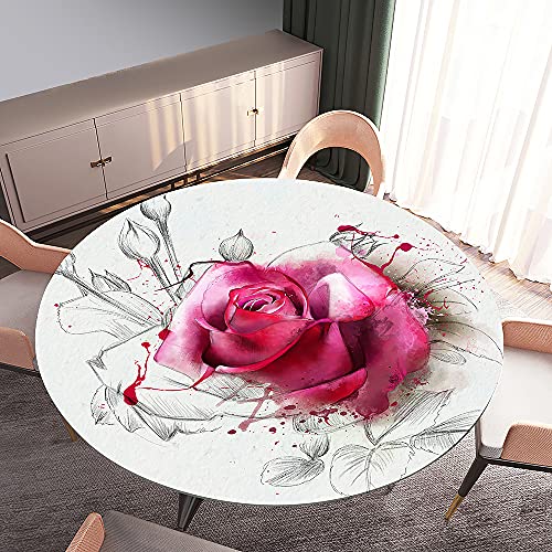 Morbuy Tischdecke Elastisch, Rose Blume Drucken Rund Tischdecken Wasserdicht Lotuseffekt Abwaschbar Abwischbar Tischtuch für Dekoration Küchentisch Garten Outdoor (Durchmesser 90cm,Pinke Blume) von Morbuy