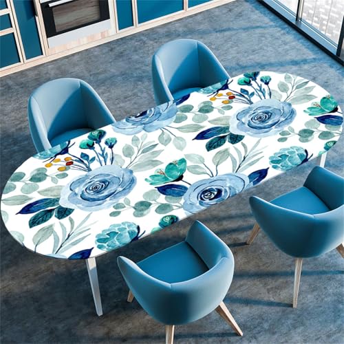 Morbuy Tischdecke Wasserdicht Oval, 3D Blume Drucken Elastische Tischdecke Oval Tischdecke mit Gummizug Rund, Tischdecken Tischtuch Abwischbar Gartentischdecken (Blau Blume,107x152cm) von Morbuy