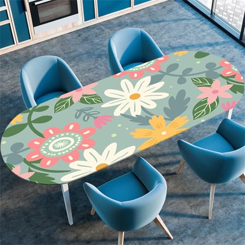 Morbuy Tischdecke Wasserdicht Oval, 3D Blume Drucken Elastische Tischdecke Oval Tischdecke mit Gummizug Rund, Tischdecken Tischtuch Abwischbar Gartentischdecken (Karikatur,122x183cm) von Morbuy